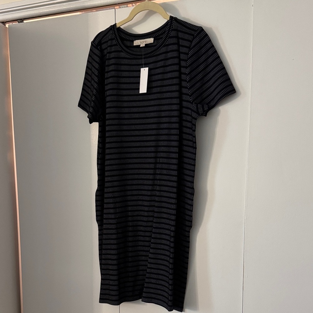 LOFT Black and Gray Striped Mini Dress